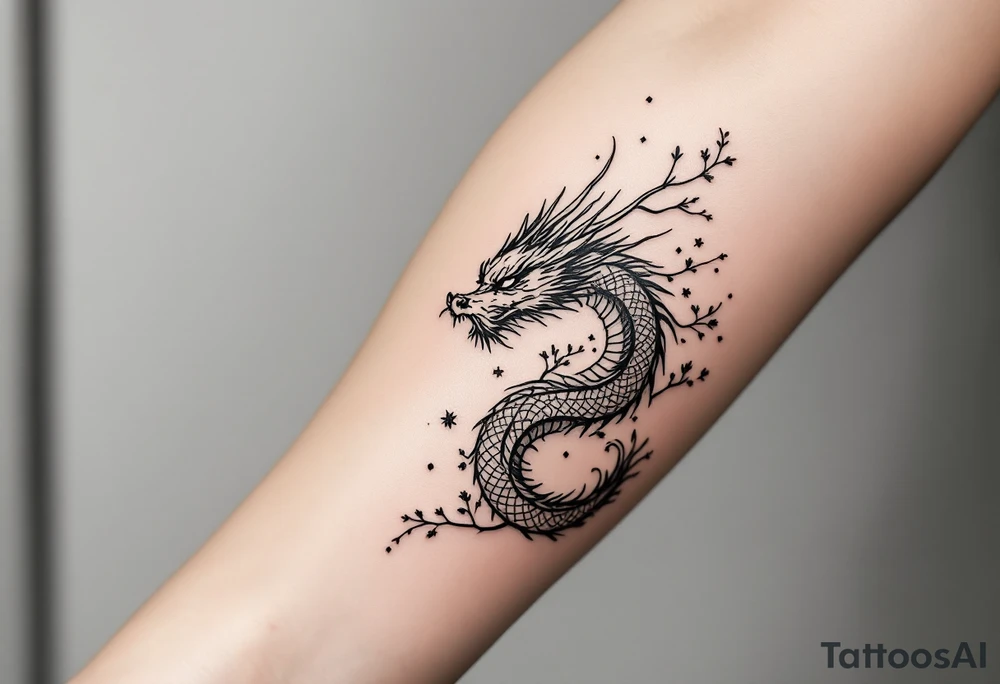 detailed dragon japanese style sakura trees abstract lines dark/rough aesthetic tattoo idea