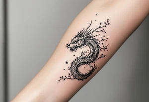 detailed dragon japanese style sakura trees abstract lines dark/rough aesthetic tattoo idea