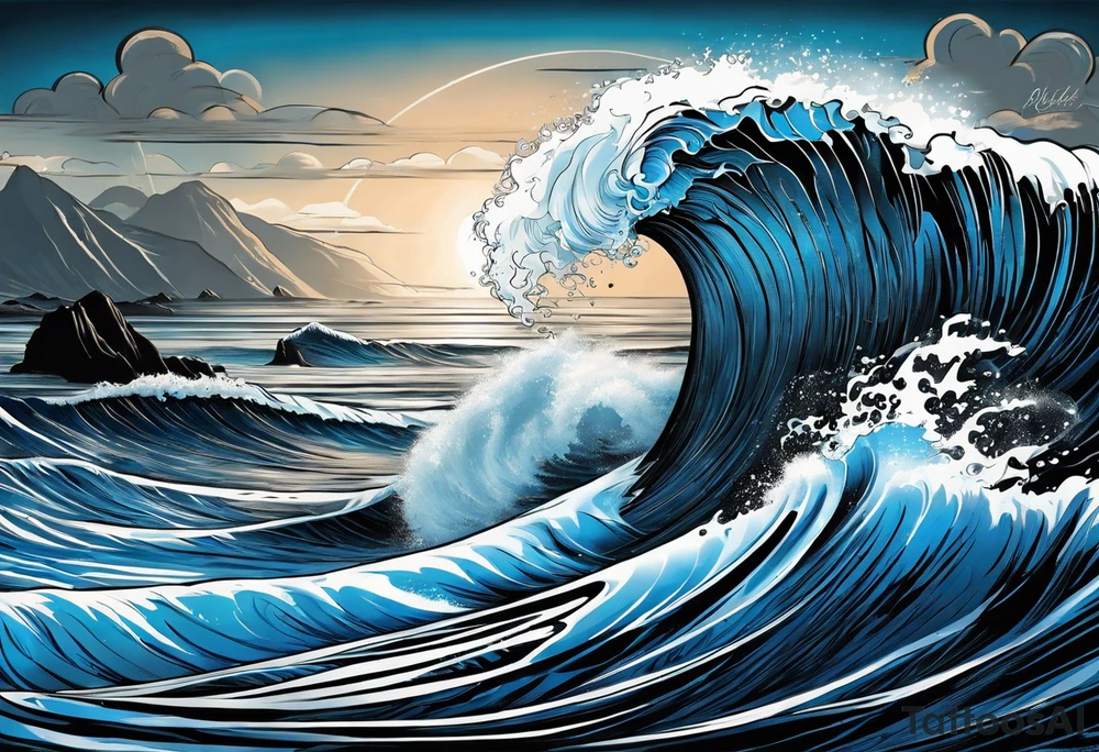 Full sleeve waves black with blue accent struggle perseverance tattoo idea
