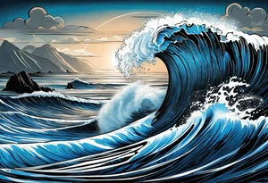 Full sleeve waves black with blue accent struggle perseverance tattoo idea