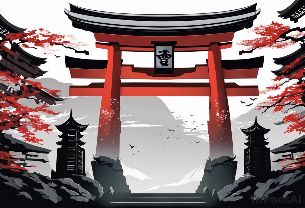 glimpse of torii gate in biomechanical style. 15% of size, placed in bottom 

Above the gate is a bust of Dominant demonic and formidable face with royal king features, has a slight evil grin and a devil fang teeth, similar to skull features, framed by deep-set glowing galaxy eyes, head has crown of prominent purple deep blue flames (Not standalone horns) with intricate recognizable swirling galaxy and peacock feather textures.

face has intricate swirling biomechanical tattoo texture. prominent colours are blue, violet, deep purple, with orange highlights.

face has braids hanging with feathers at end. tattoo idea