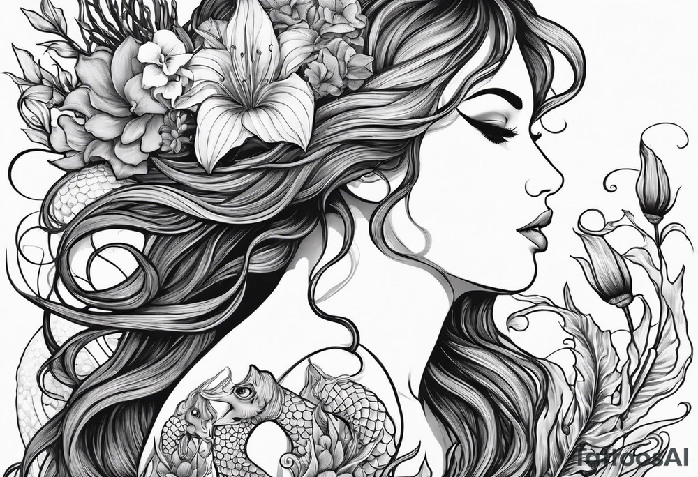 Mermaid face and half body looking at seahorse both on side profile. Trident near hair, horns coming from head. Flowers and reeds, tattoos on skin, big lips and eyes tattoo idea