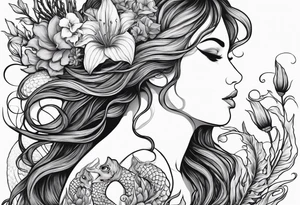 Mermaid face and half body looking at seahorse both on side profile. Trident near hair, horns coming from head. Flowers and reeds, tattoos on skin, big lips and eyes tattoo idea