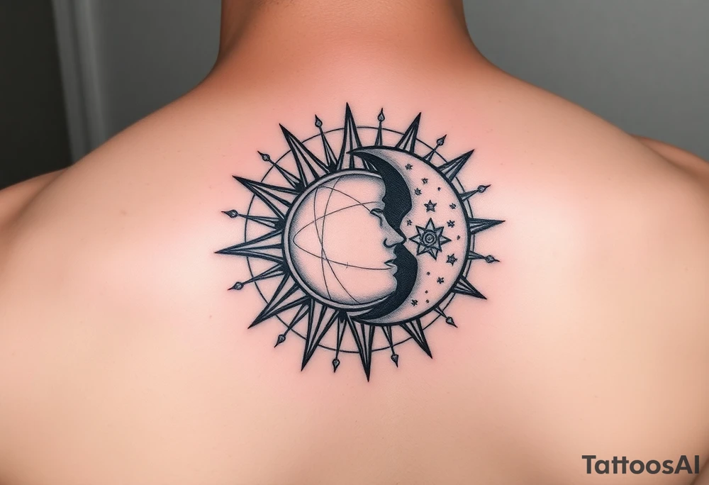 celestial sun and moon embrace with constellation patterns tattoo idea
