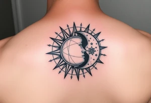 celestial sun and moon embrace with constellation patterns tattoo idea
