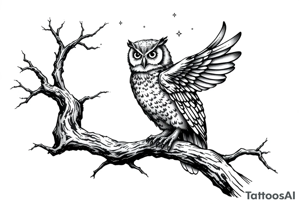 wise owl perched on ancient oak branch under starlit sky tattoo idea