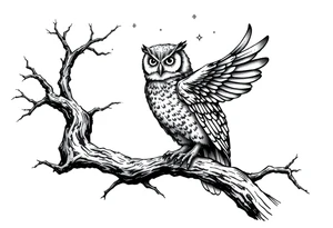 wise owl perched on ancient oak branch under starlit sky tattoo idea