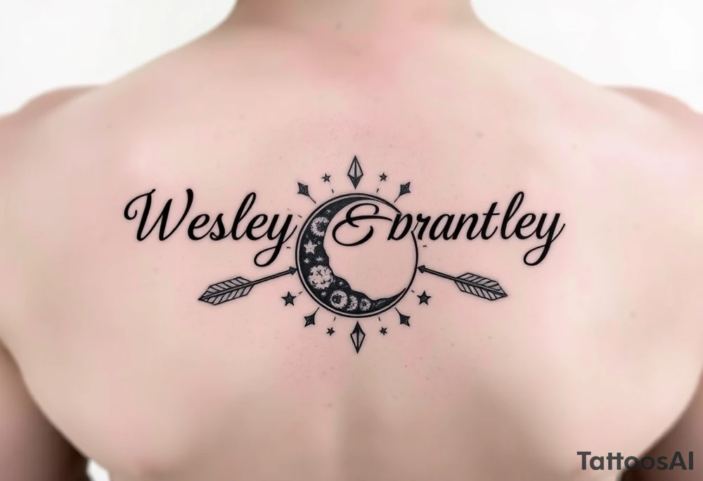 Name tattoo with Wesley Brantley Logan with arrows infinity moon and stars tattoo idea