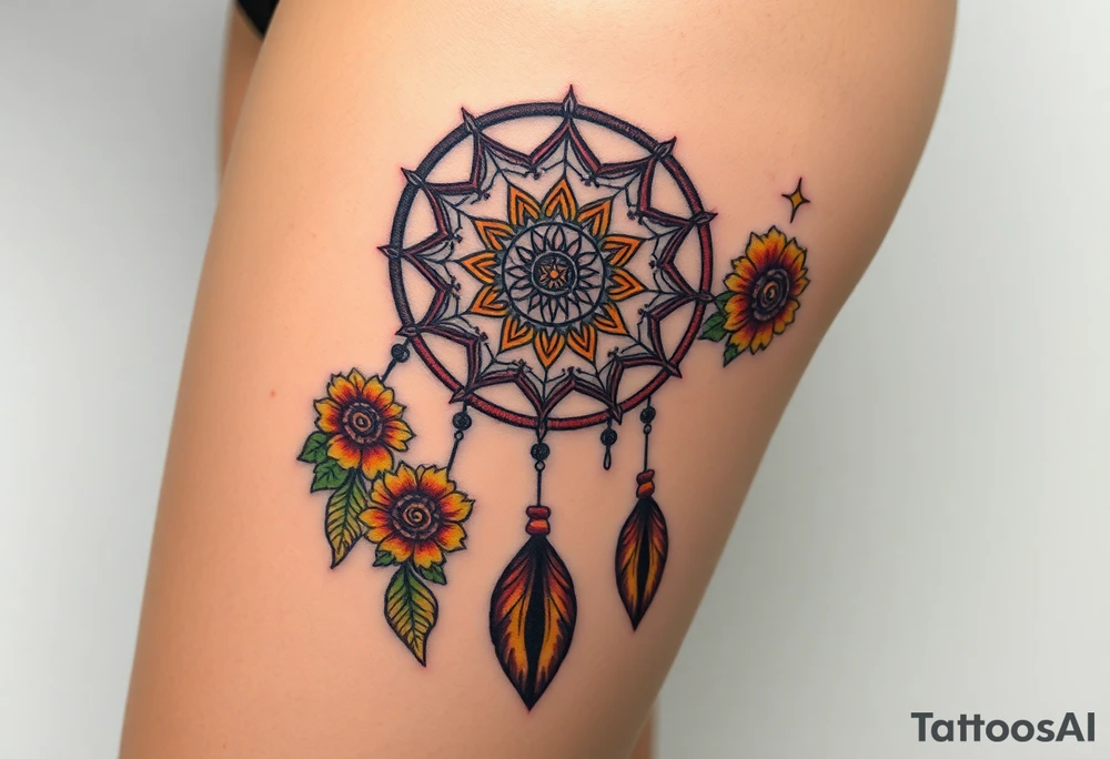 Dreamcatcher with zodiac symbols and protection runes caught in it with tigerlillies roses and sunflowers tattoo idea