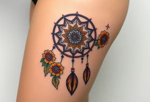 Dreamcatcher with zodiac symbols and protection runes caught in it with tigerlillies roses and sunflowers tattoo idea
