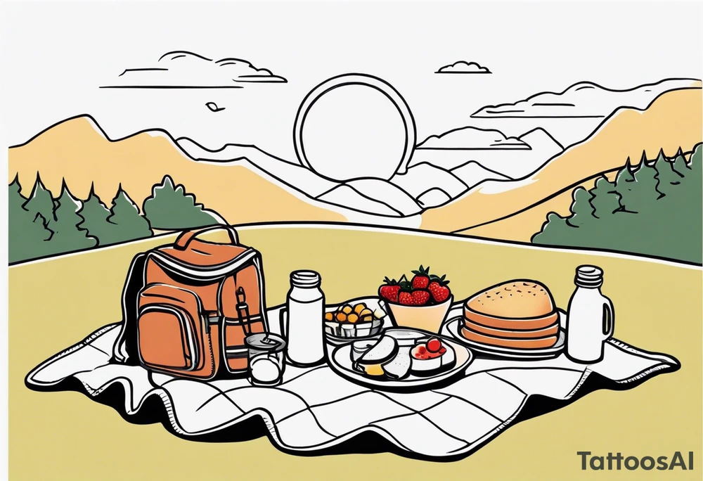 minimalstic picnic scene in nature on a blanket, with tennants, picnicbasket, backpack and sun in the sky tattoo idea