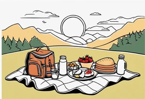 minimalstic picnic scene in nature on a blanket, with tennants, picnicbasket, backpack and sun in the sky tattoo idea
