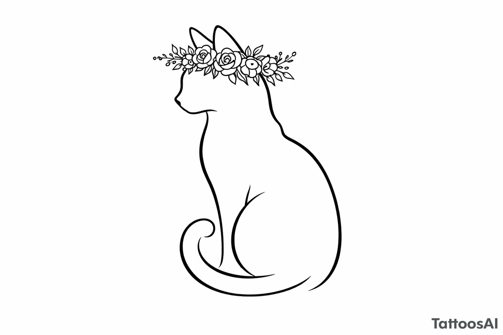 A regal cat silhouette with a floral crown, minimalist linework tattoo idea