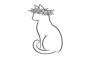 A regal cat silhouette with a floral crown, minimalist linework tattoo idea