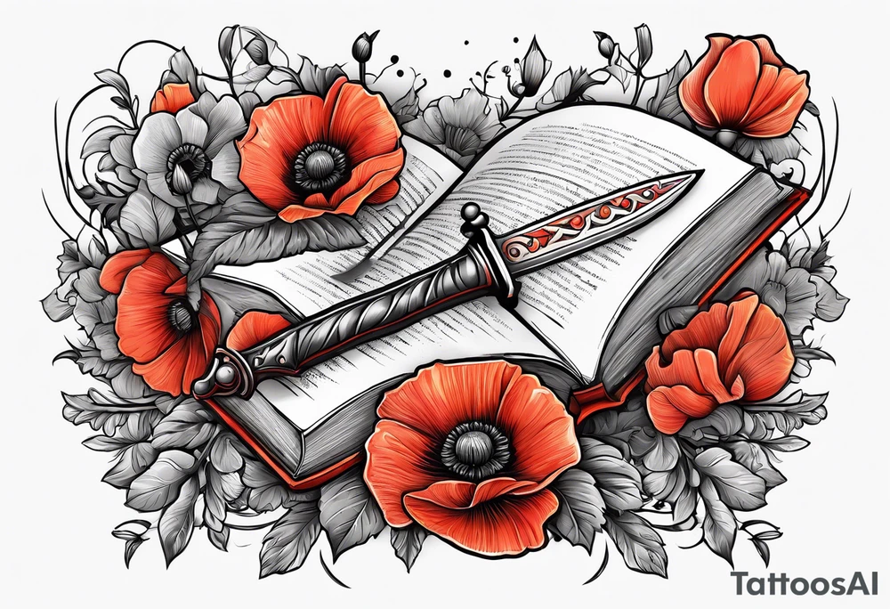 A dagger stabbing a book surrounded by poppy flowers tattoo idea