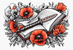 A dagger stabbing a book surrounded by poppy flowers tattoo idea