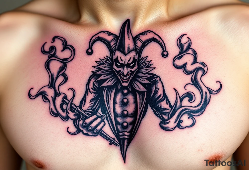 jester in a fog of smoke tattoo idea