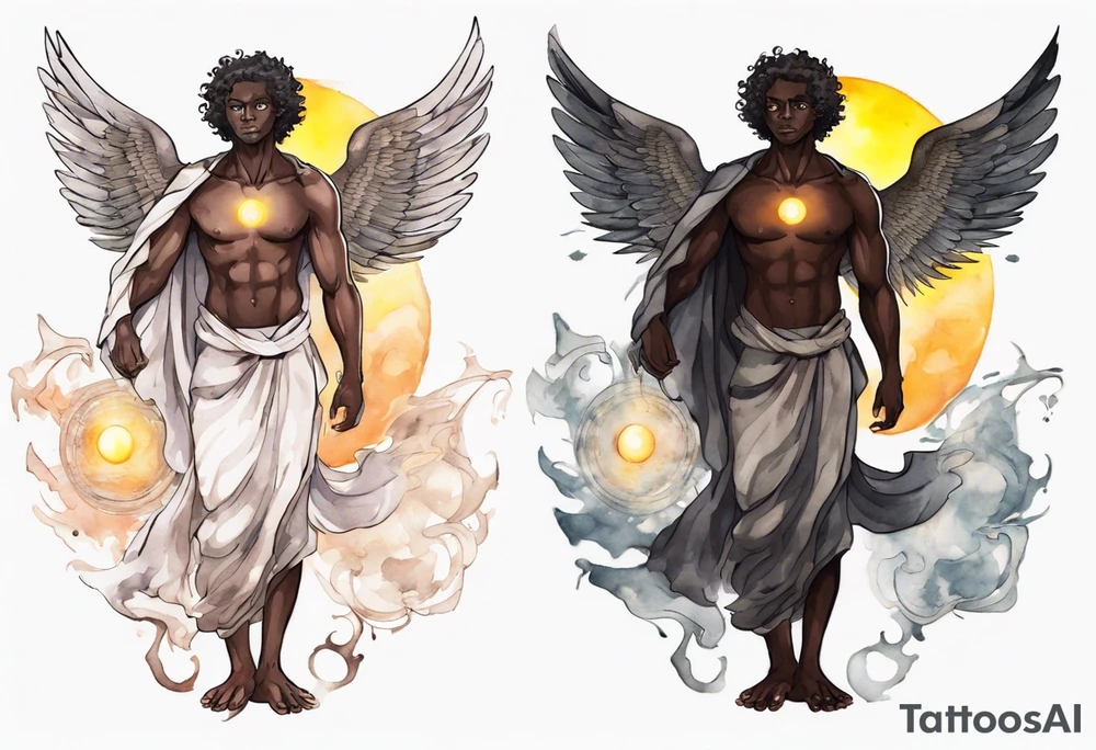 a solitary dark skinned male angel with glowing eyes standing upon the sun tattoo idea