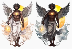 a solitary dark skinned male angel with glowing eyes standing upon the sun tattoo idea