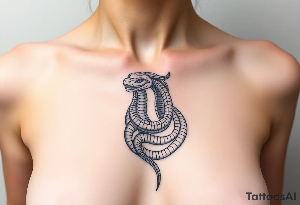 Snake tattoo around women breast that portray Egyptian queen tattoo idea