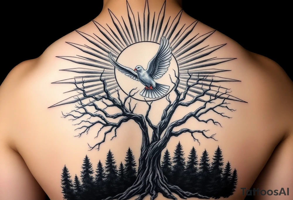 Here’s a detailed description for your tattoo generator:

"A hyper-realistic tattoo design strictly placed on the upper shoulder. The design features radiant, sharp-edged sun rays extending outward from the top of the shoulder, converging towards a bright, circular sun located at the center. A white dove is in mid-flight, wings fully spread, positioned directly in front of the sun, with its body silhouetted against the glowing rays.

Below the sun and dove is a strikingly detailed poison tree, featuring thick, twisted roots and gnarled branches extending upward. The branches have a jagged, barren appearance, adding a sense of mystery and intensity. At the base of the tree is a serene forest scene, with rows of tall, shadowy evergreen trees receding into the background to create depth and balance.

The entire design is rendered in black and grey realism, with a strong emphasis on contrast and shading to create a three-dimensional effect. The skin of the person is visible in a natural tone, and the tattoo blends seamlessly into the contours of the shoulder, with the design wrapping slightly toward the front and back without losing its central focus. The overall composition merges elements of peace (dove and sun) with mystery (poison tree and forest), creating a harmonious yet striking visual impact." tattoo idea