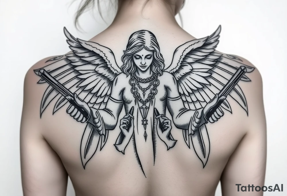 tattooed criminal-style angel statue, weapons in hand, gangster-style gold necklaces tattoo idea
