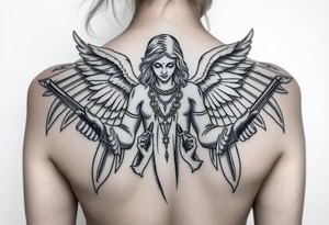 tattooed criminal-style angel statue, weapons in hand, gangster-style gold necklaces tattoo idea