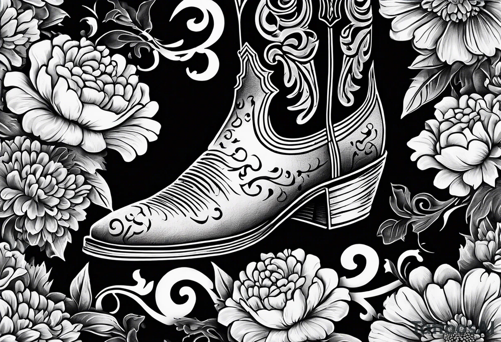 Cowboy boot with bouquet of chrysanthemum, carnations and marigolds inside boot tattoo idea