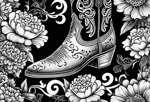 Cowboy boot with bouquet of chrysanthemum, carnations and marigolds inside boot tattoo idea