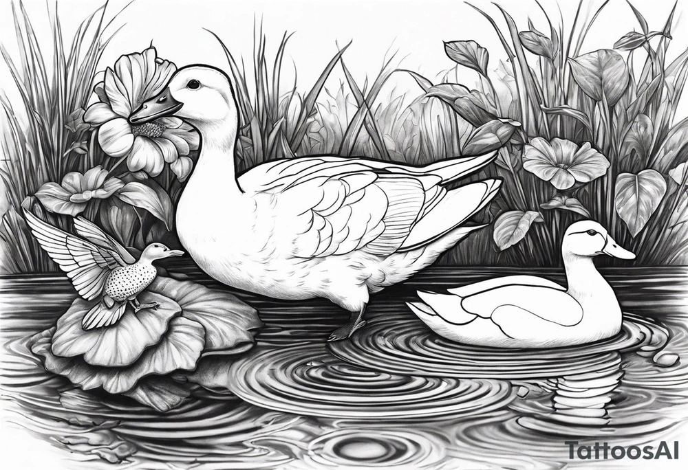 A white Duck a green toad and a moth playing together in a pond tattoo idea