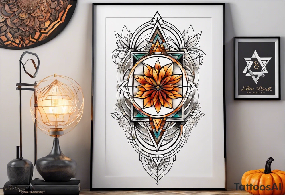knee tattoo with sacred geometry,  swirl washes in background in fall colors tattoo idea
