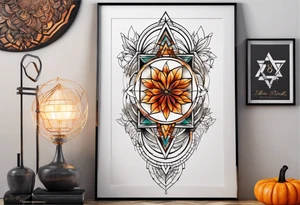 knee tattoo with sacred geometry,  swirl washes in background in fall colors tattoo idea