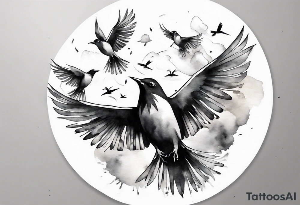 shoulder tattoo with light rays with birds flying free among the clouds, round shape, 3d effect tattoo idea shoulder tattoo with light rays with birds flying free among the clouds, round shape, 3d effect tattoo idea