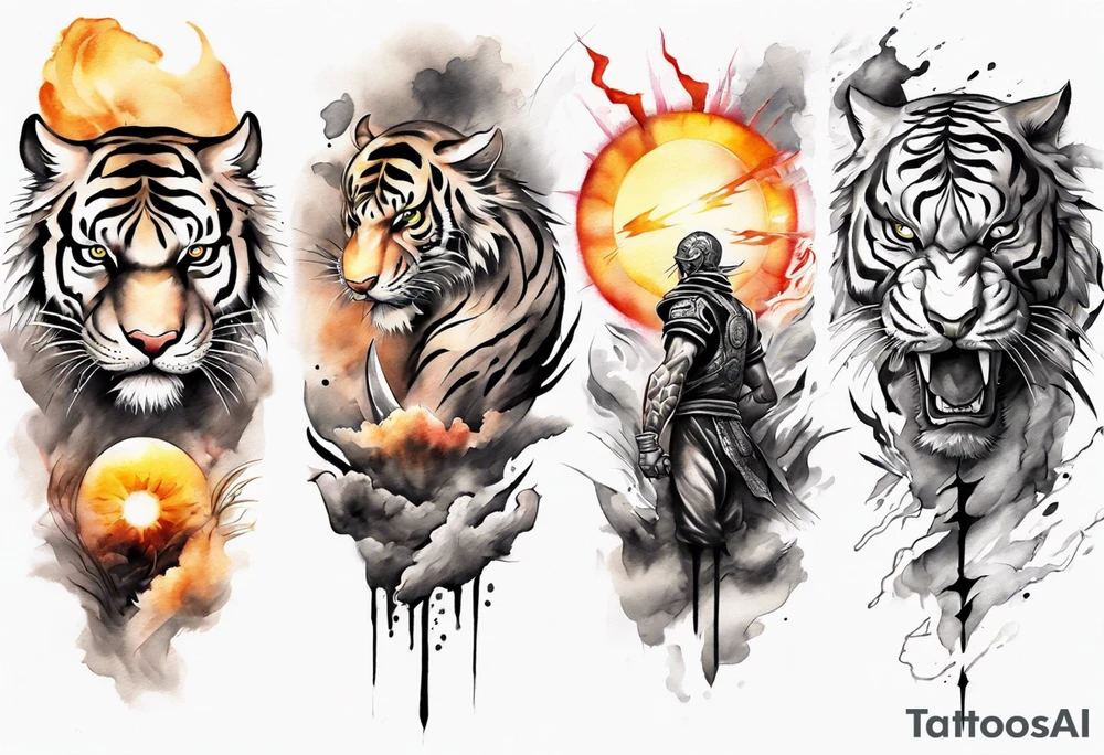 Tiger Warrior sleeve tattoo with lightning and the sun
Forearm sleeve tattoo idea