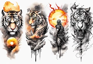 Tiger Warrior sleeve tattoo with lightning and the sun
Forearm sleeve tattoo idea