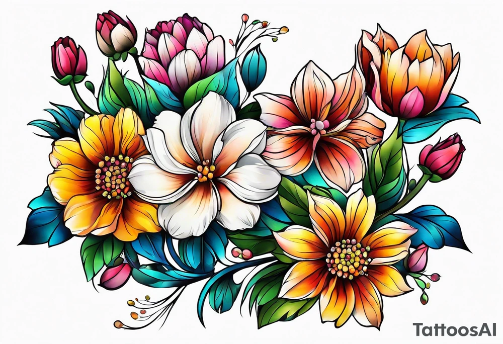Collarbone tattoo of bright colorful flowers tattoo idea
