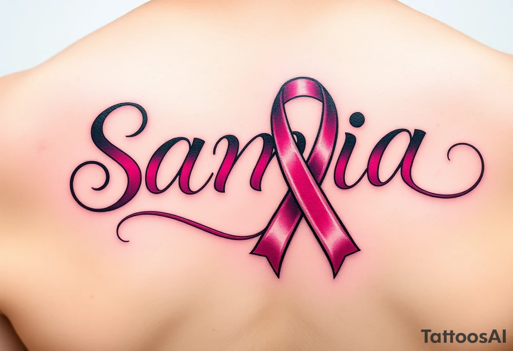 The name Samia. With a breast cancer (in pink) ribbon flowing off the last a. tattoo idea