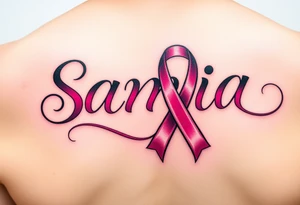 The name Samia. With a breast cancer (in pink) ribbon flowing off the last a. tattoo idea