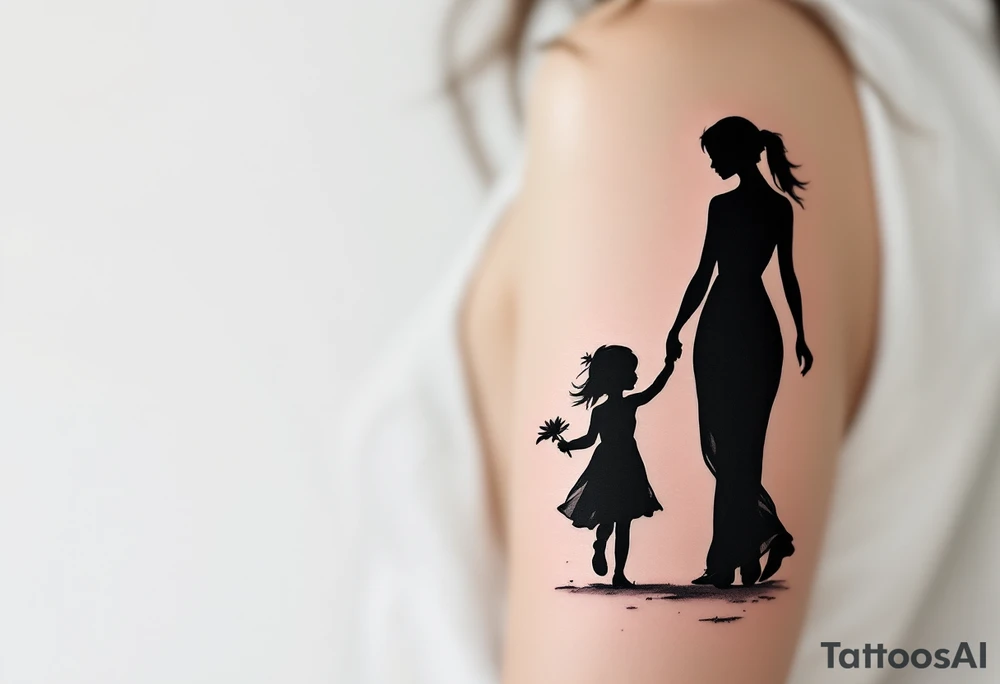 A black silhouette of a mother and young daughter walking hand in hand, the daughter holding a flower, with soft gray shading to suggest a sunset background. tattoo idea