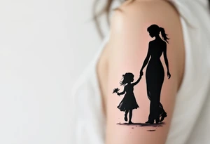 A black silhouette of a mother and young daughter walking hand in hand, the daughter holding a flower, with soft gray shading to suggest a sunset background. tattoo idea