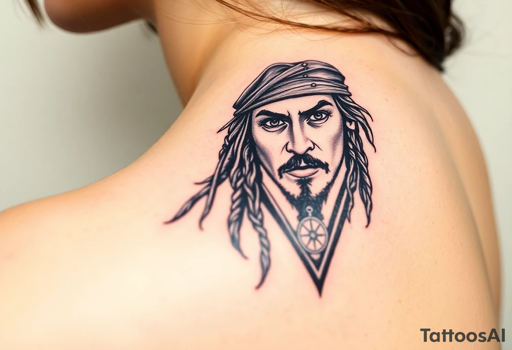 A dramatic black-and-gray portrait of Jack Sparrow with his head slightly tilted, holding a compass in one hand, with wind-blown dreadlocks and an intense gaze tattoo idea