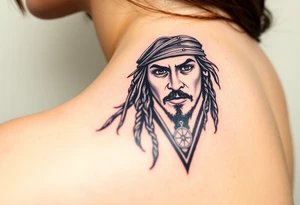 A dramatic black-and-gray portrait of Jack Sparrow with his head slightly tilted, holding a compass in one hand, with wind-blown dreadlocks and an intense gaze tattoo idea