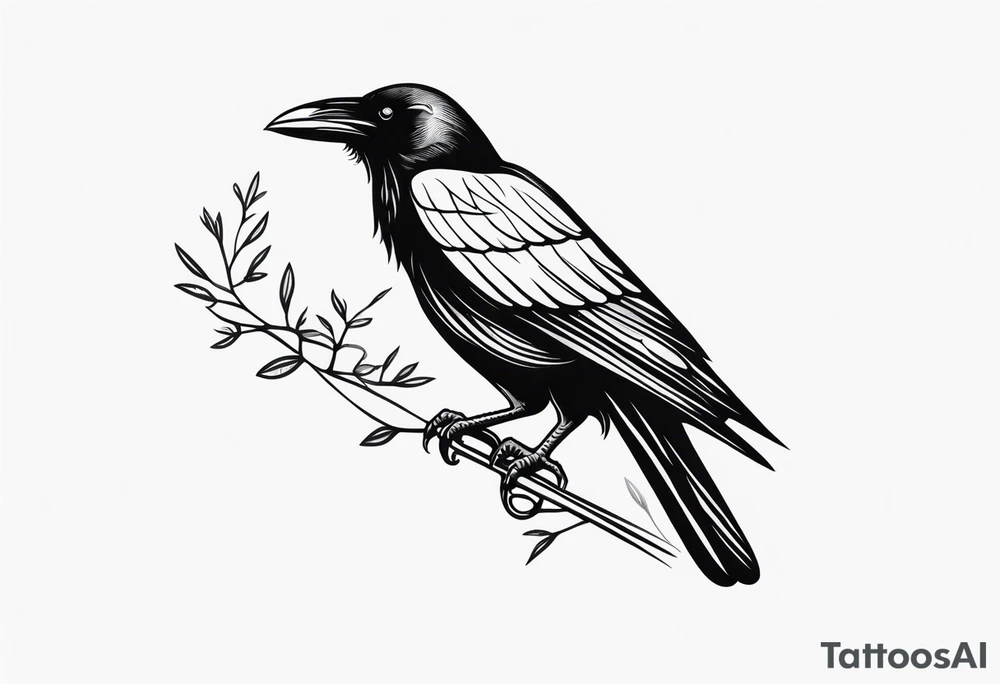 Crow perched on thigh tattoo idea