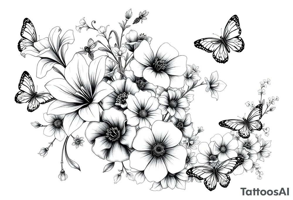 Calia Lily, rose, gadiolus, carnation,Narcissus,poppy, aster, violet ,chrysanthemum, lily of the valley and water lily sleeve on upper arm and shoulder  with butterfly’s and bumblebees and dragonflies tattoo idea