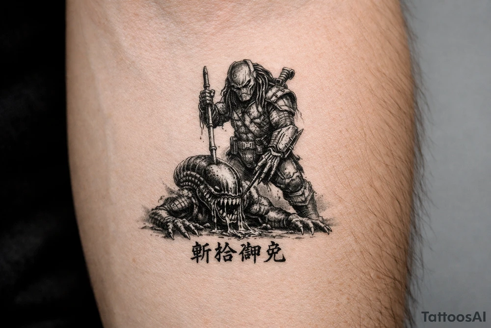 predator killing alien, alien is crawling from the ground. Predator stands up tall, driving his spear with his right hand through the xenomorphs big head with acid coming down, the spear nails the head to the ground. The predator's left shoulder has its laser gun pointed down. the Left forerarm has its famous doubled blade out. Below the image the japanese inscription for kirisute gomen tattoo idea