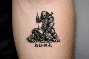 predator killing alien, alien is crawling from the ground. Predator stands up tall, driving his spear with his right hand through the xenomorphs big head with acid coming down, the spear nails the head to the ground. The predator's left shoulder has its laser gun pointed down. the Left forerarm has its famous doubled blade out. Below the image the japanese inscription for kirisute gomen tattoo idea