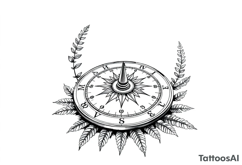 Sundial on the ground with ferns tattoo idea