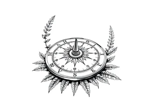 Sundial on the ground with ferns tattoo idea