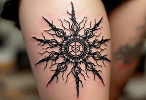 A bold black Kolovrat symbol spins with eight arms, representing the eternal cycle of life and Slavic sun worship. tattoo idea