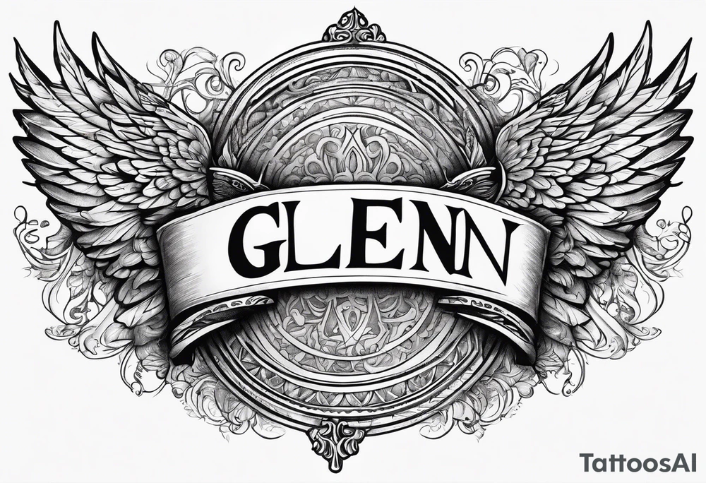 The word Glenn on a banner with angel Wings tattoo idea